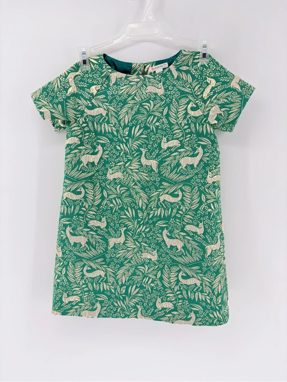 Crewcuts Girls' Short Sleeve Jacquard Dress Botanical Metallic Deer AOP